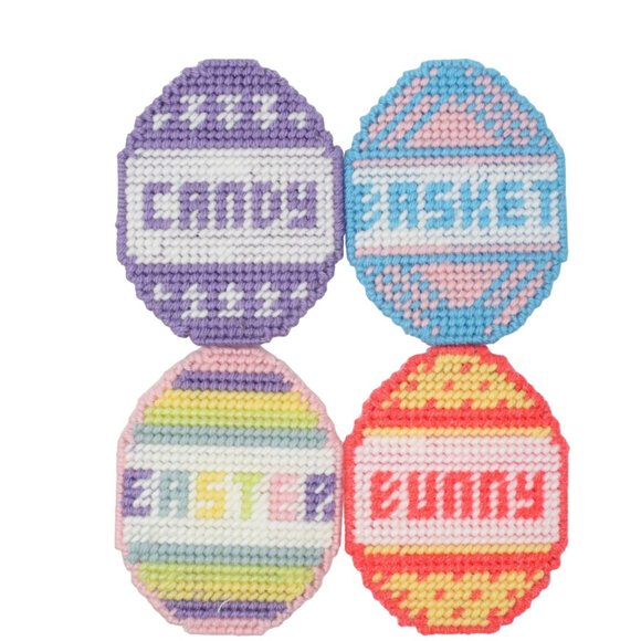 Hand Crafted Other - Handmade Easter Colorful Eggs Stitched Yarn Needlepoint Plastic Canvas Coasters